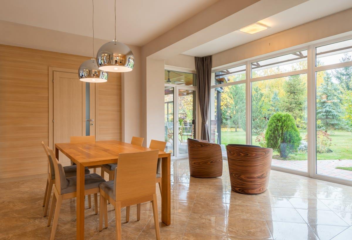 Dining room with floor-to-ceiling windows